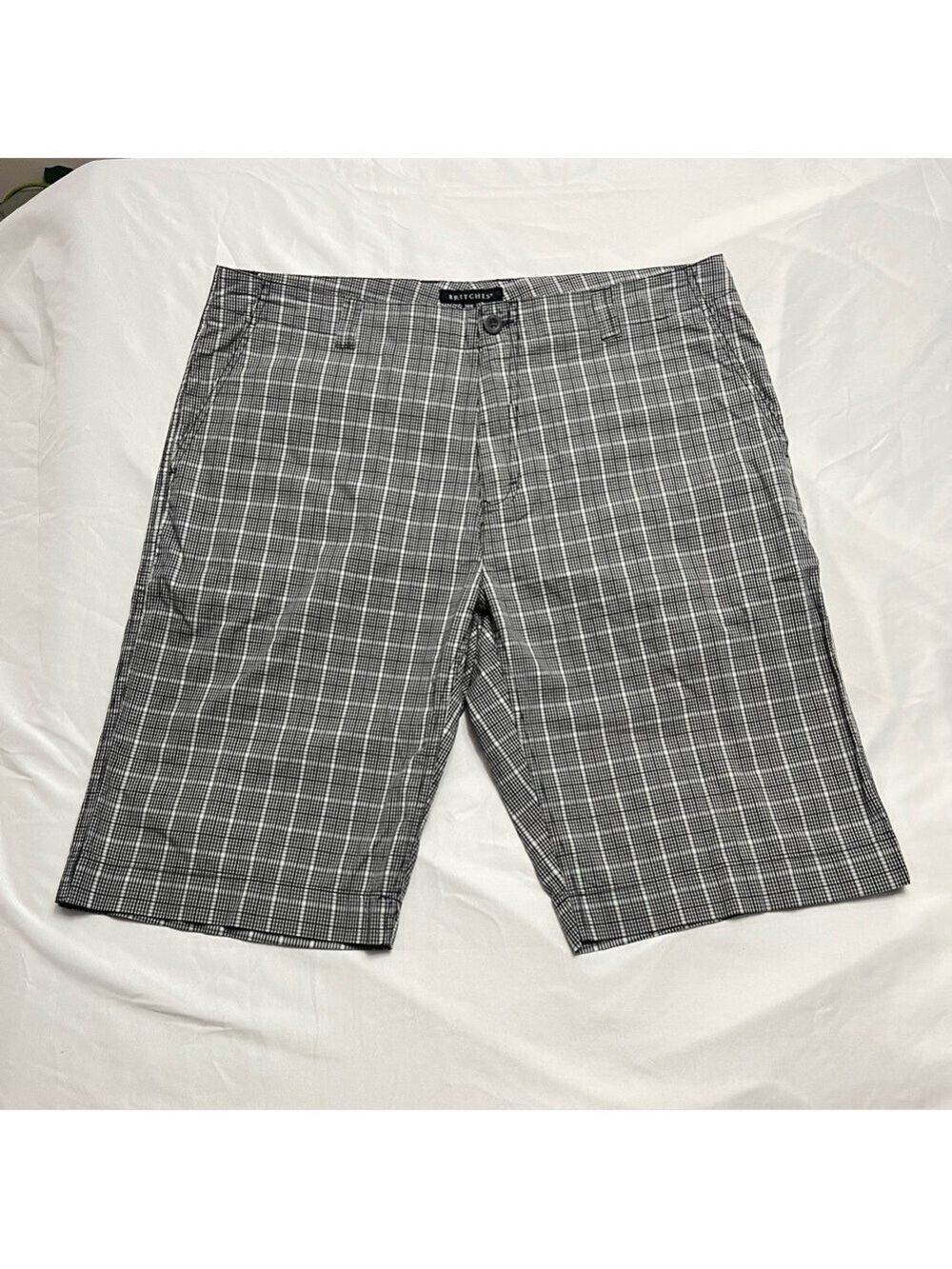 Chino Shorts Cotton Plaid Black Gray Flat Front Mens 38